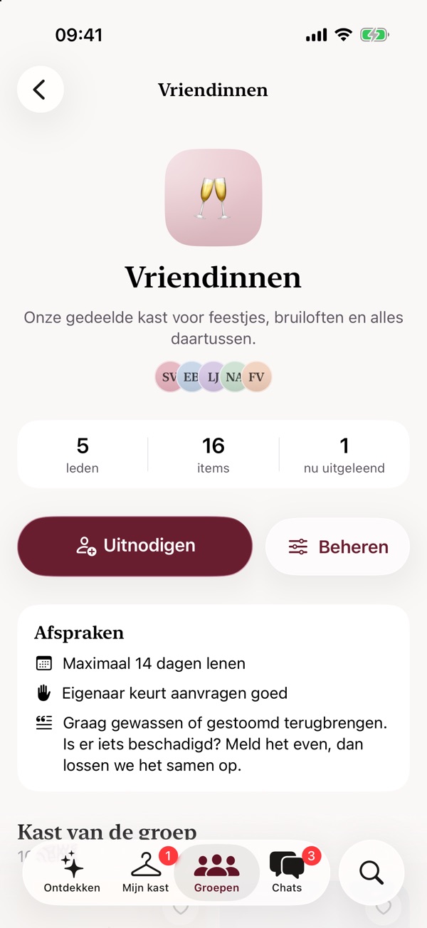 Een groep in Leeny met leden, items en de afspraken van de groep.