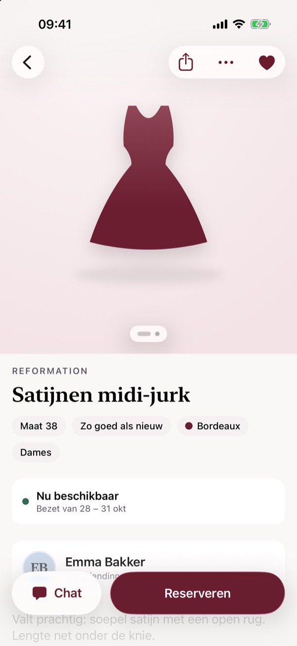 Een item in Leeny met maat, staat, beschikbaarheid en de knop Reserveren.
