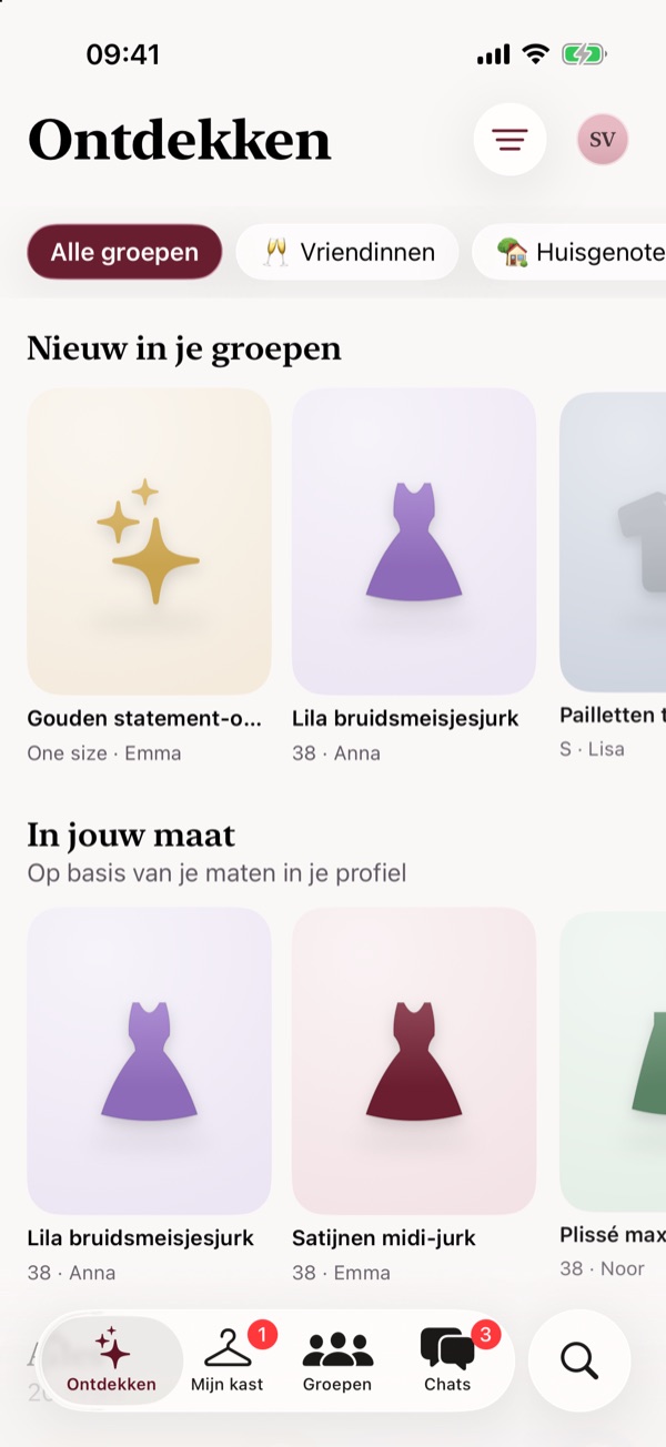 Het scherm Ontdekken in Leeny met nieuwe items uit je groepen en items in jouw maat.